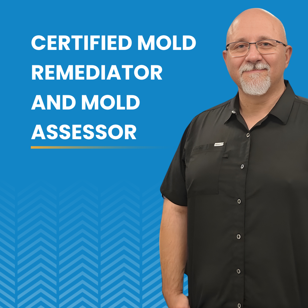 Promotional graphic for the Certified Mold Remediator course featuring a male instructor and icons highlighting containment strategies, moisture control, and safe removal protocols.