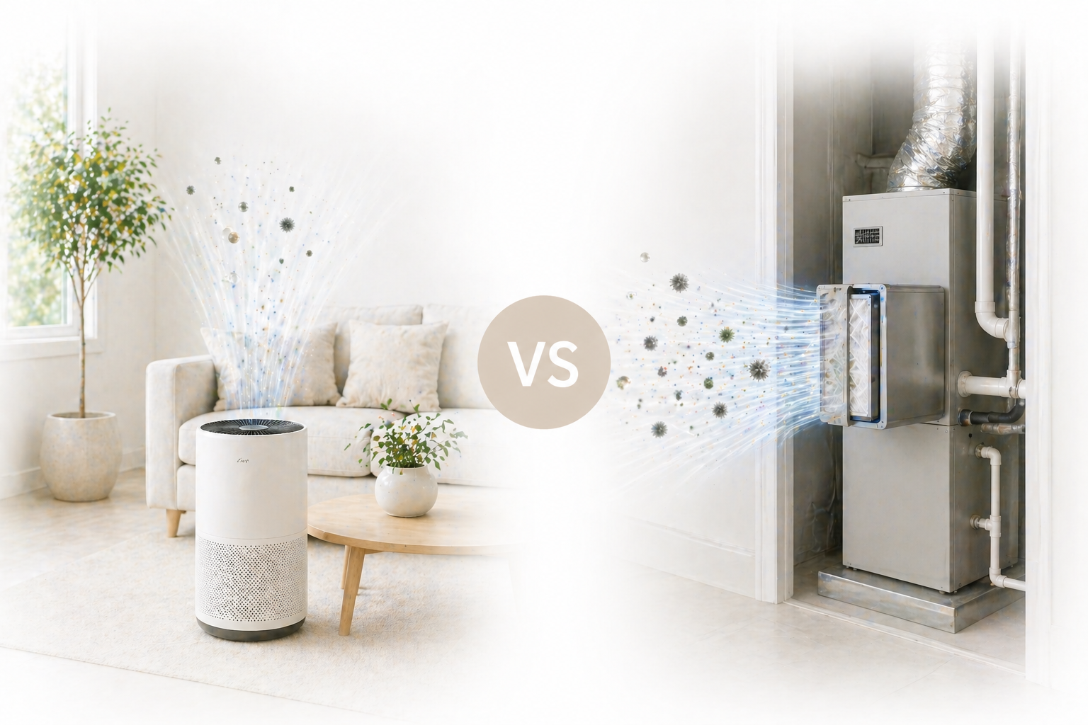 A split comparison showing a portable air purifier on the left releasing filtered clean air with illustrated blue streams and dispersing particles, versus an HVAC filtration unit on the right drawing in and capturing airborne mold spores and contaminants through its filter