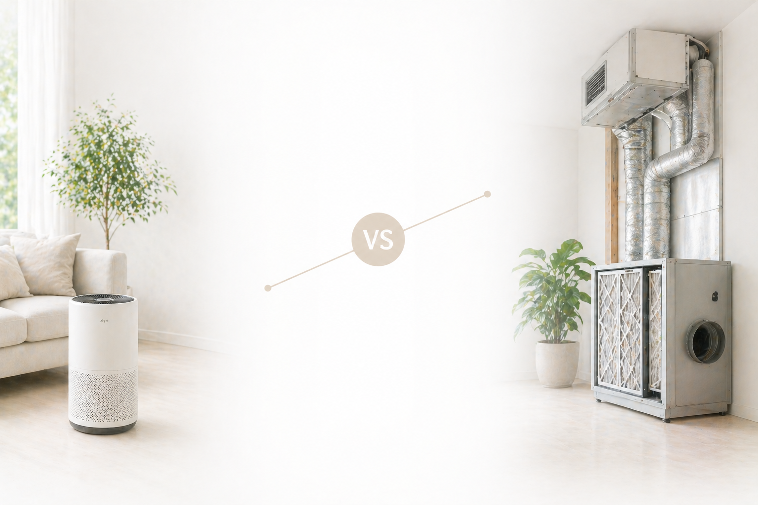 A split comparison image showing a standalone portable air purifier on the left inside a living room versus a full HVAC ventilation system with ductwork and air filters on the right, connected by a VS badge in the center