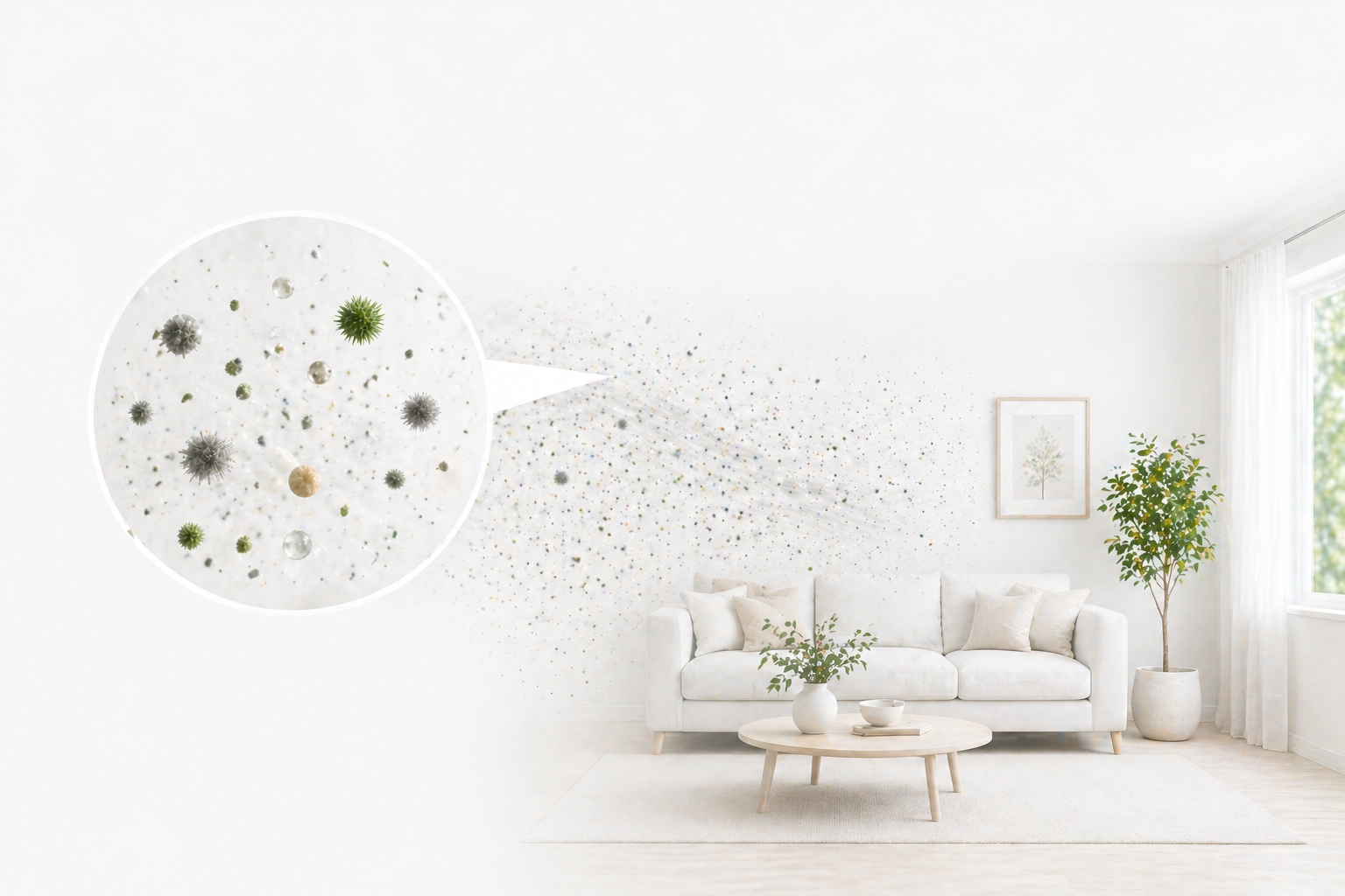 A bright minimalist living room with a dense cloud of digitally rendered airborne particles filling the space, with a magnified circular inset on the left revealing mold spores, pollen, and fine particulate matter up close