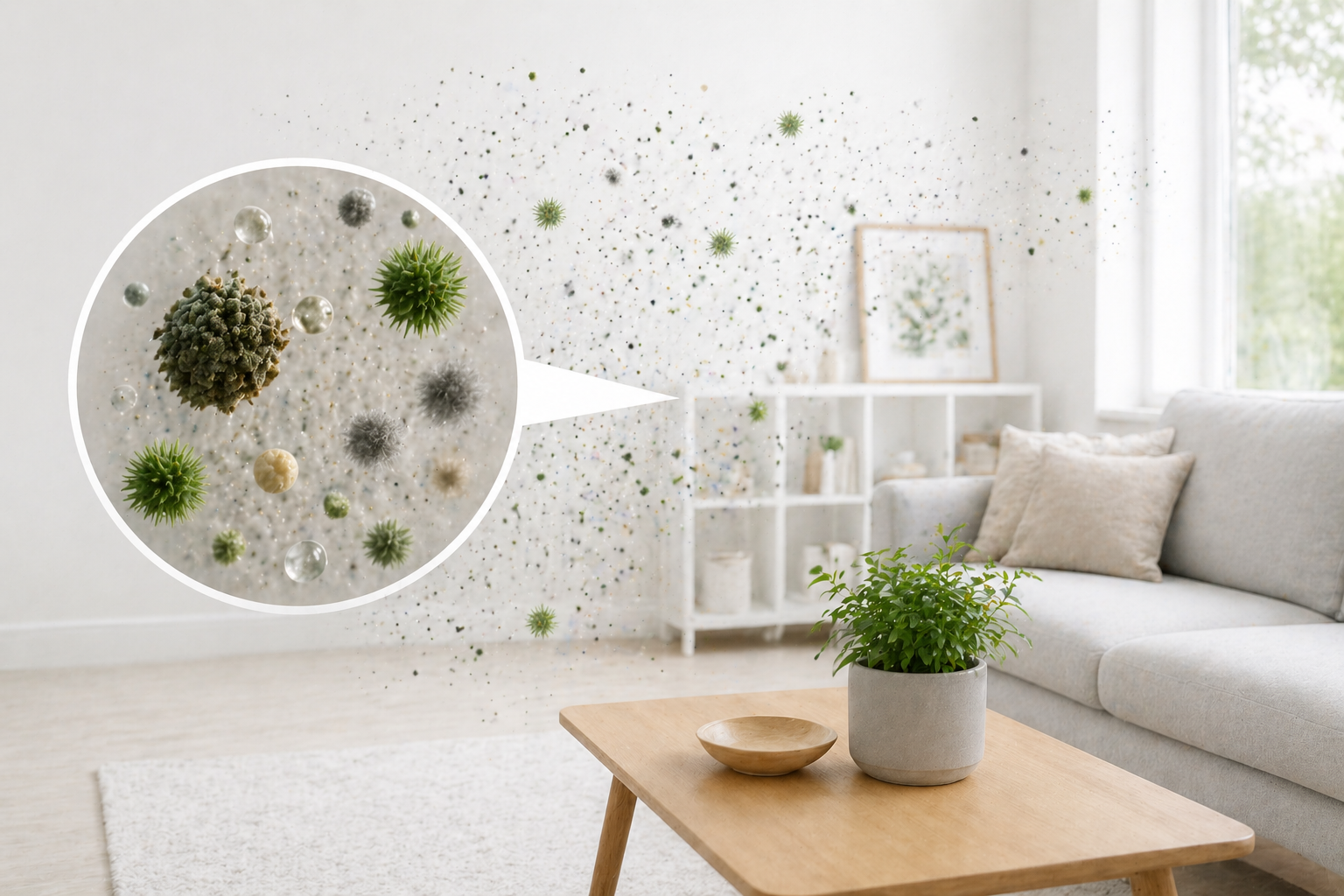 A bright modern living room with digitally rendered airborne particles floating throughout the space, with a magnified circular inset showing close-up mold spores, pollen, and water droplets suspended in the air