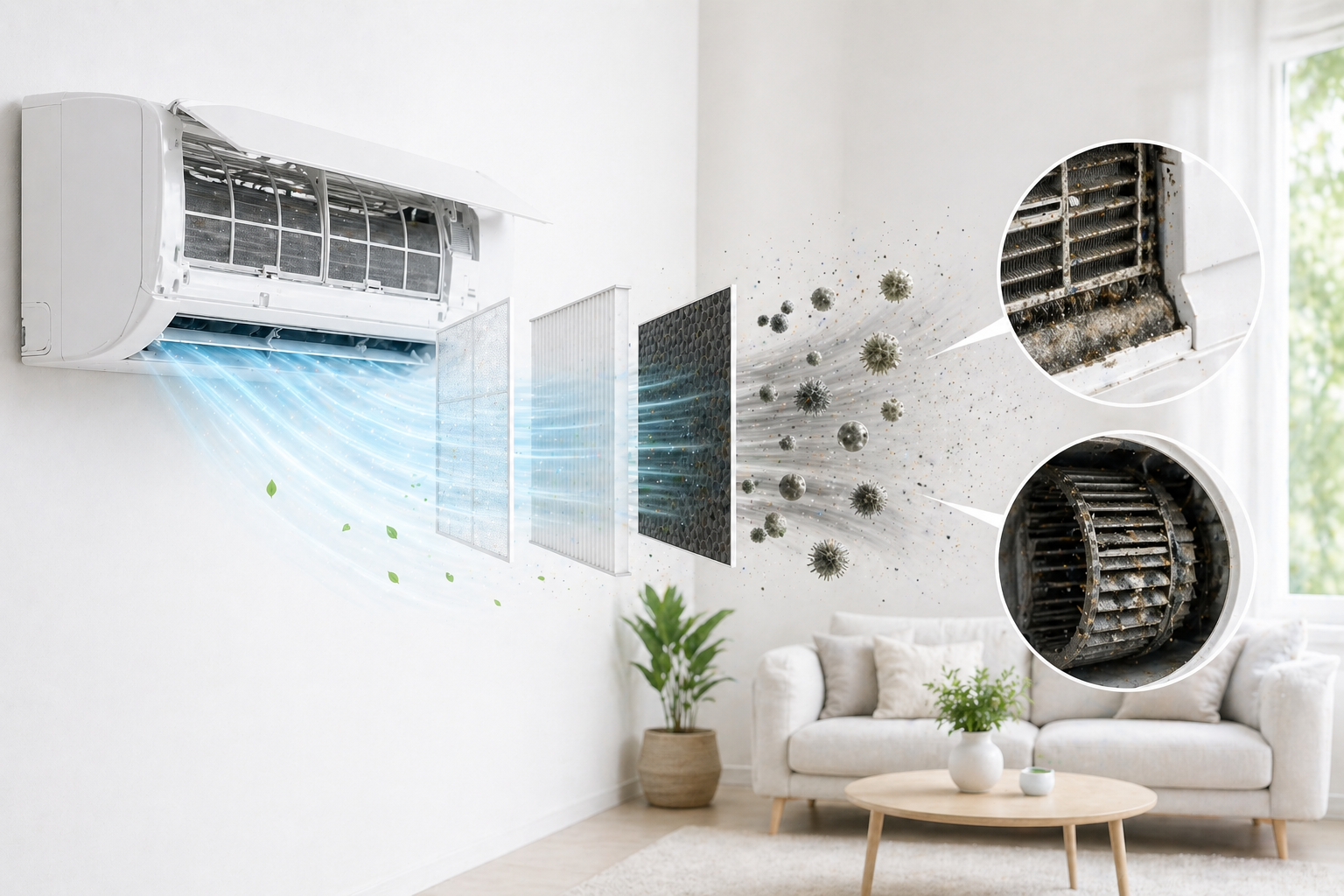 A wall-mounted AC unit in a living room with an exploded view showing filtration layers, airborne mold spores and particles being dispersed, and two circular insets revealing heavily mold-contaminated coils and a blower wheel