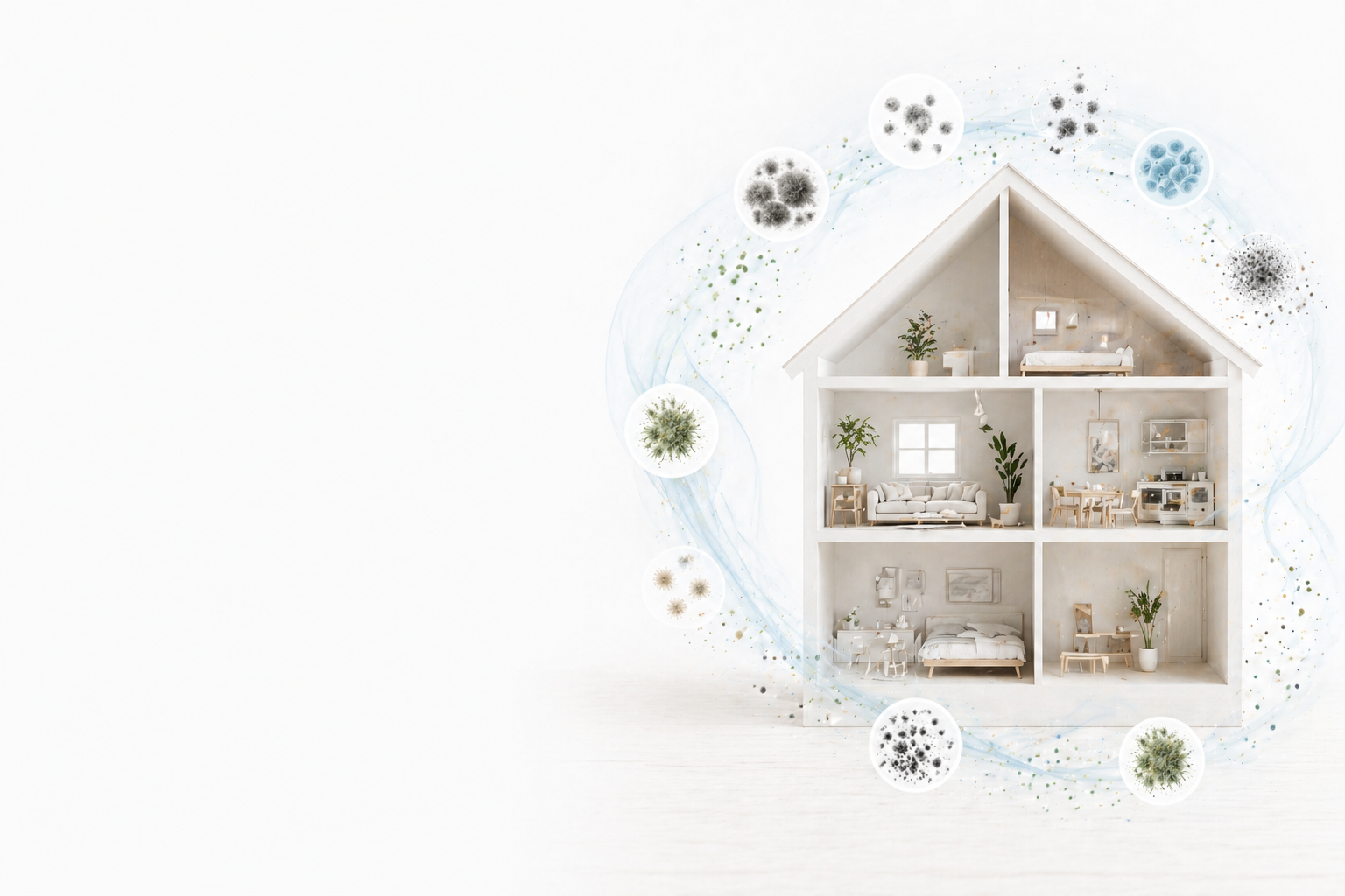 A cross-section dollhouse model of a multi-room home surrounded by illustrated airflow patterns and floating microscopic particles including mold spores, bacteria, and allergens