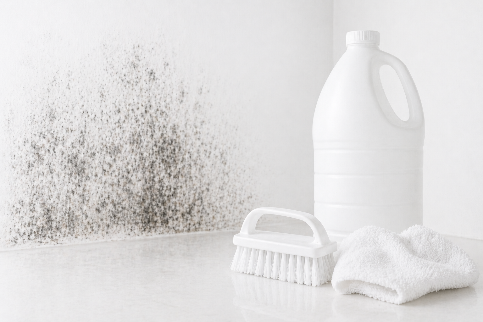 A white scrub brush, folded white towel, and unlabeled cleaning solution bottle in front of a wall covered in heavy black mold growth