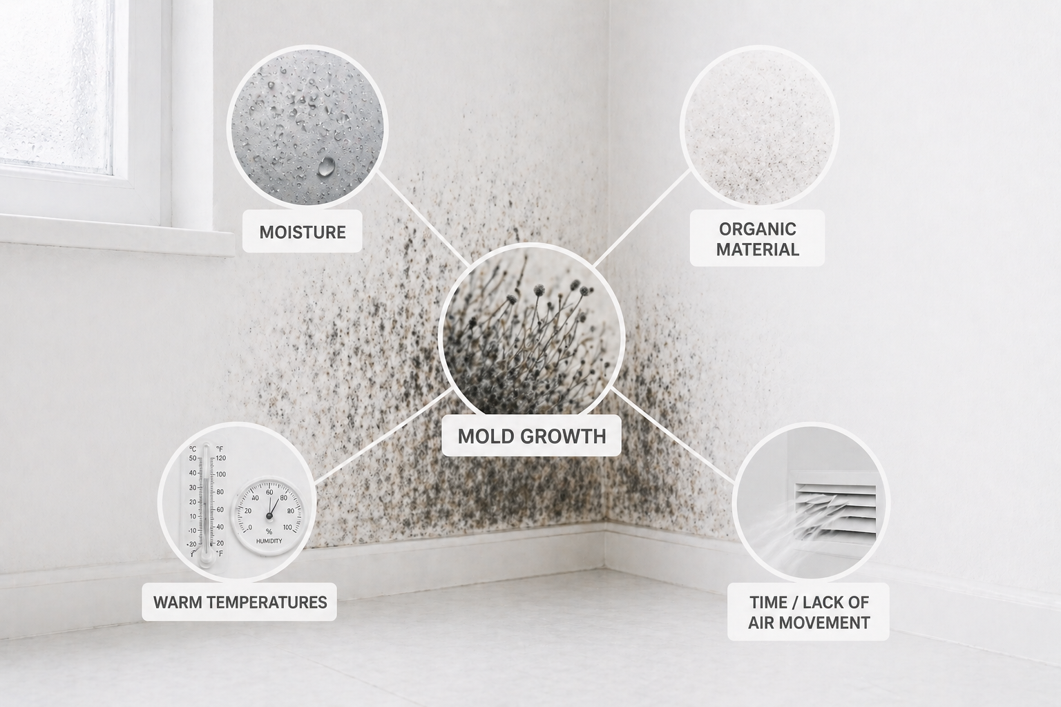 Infographic diagram on a mold-covered wall corner showing four factors pointing to a central "Mold Growth" label: moisture, organic material, warm temperatures, and time or lack of air movement