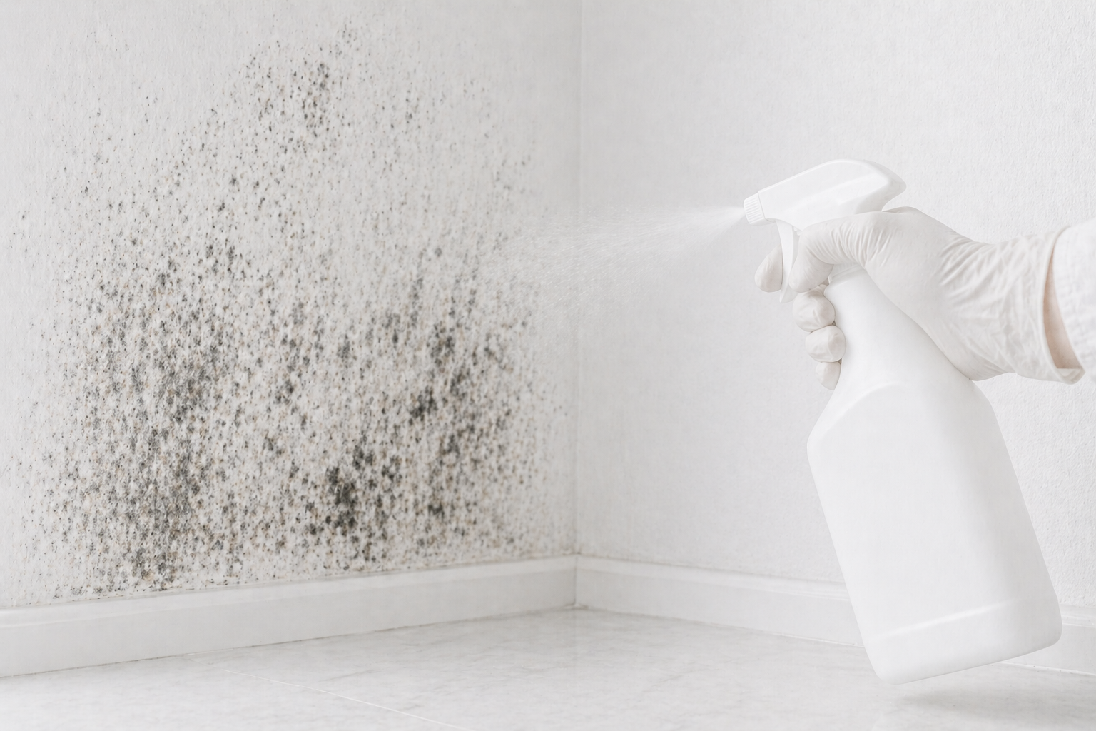 A gloved hand spraying treatment solution onto a white wall corner covered in widespread black mold growth near the baseboard