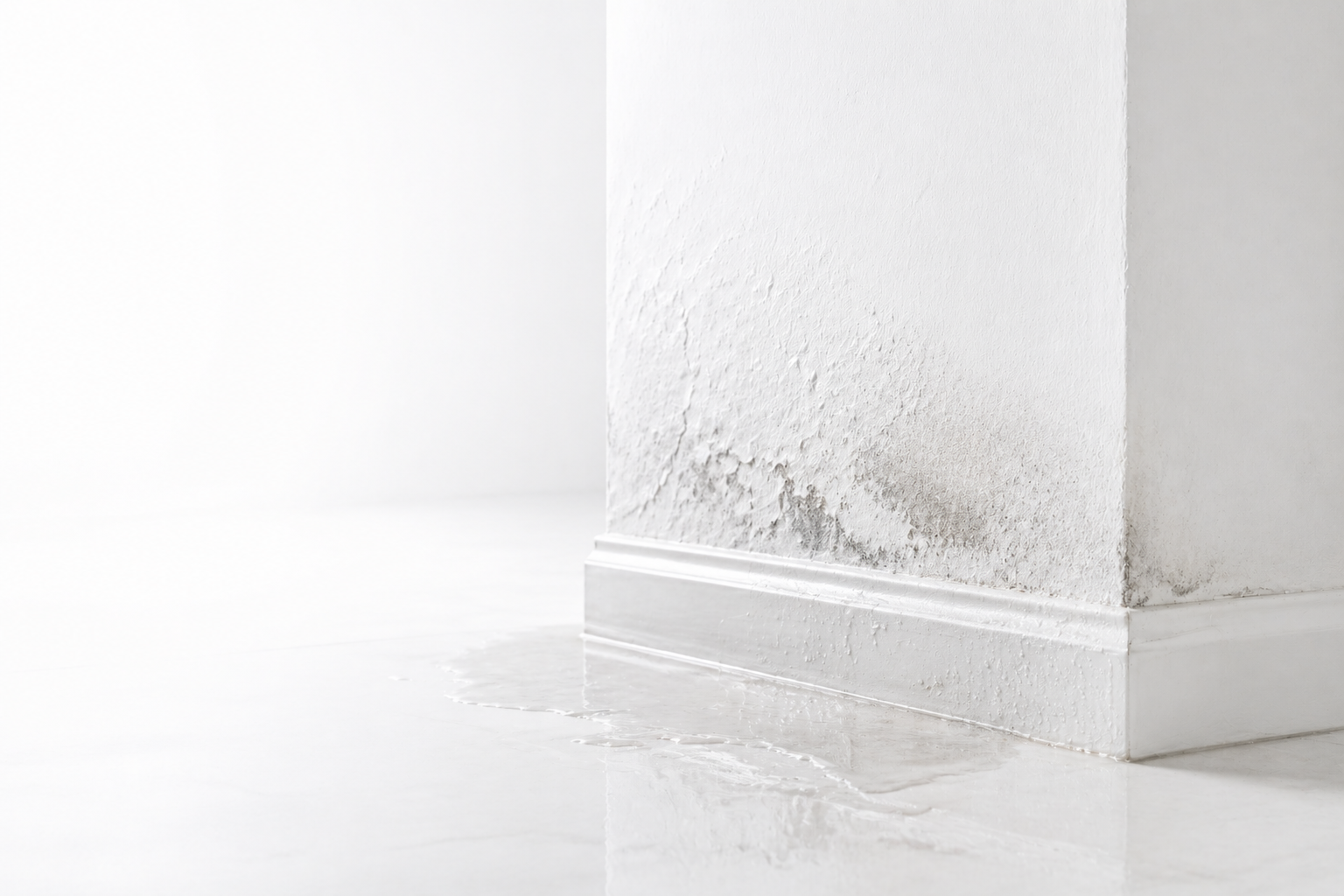 Dark mold growth spreading across a white interior wall corner near the baseboard, with water pooling on the floor below