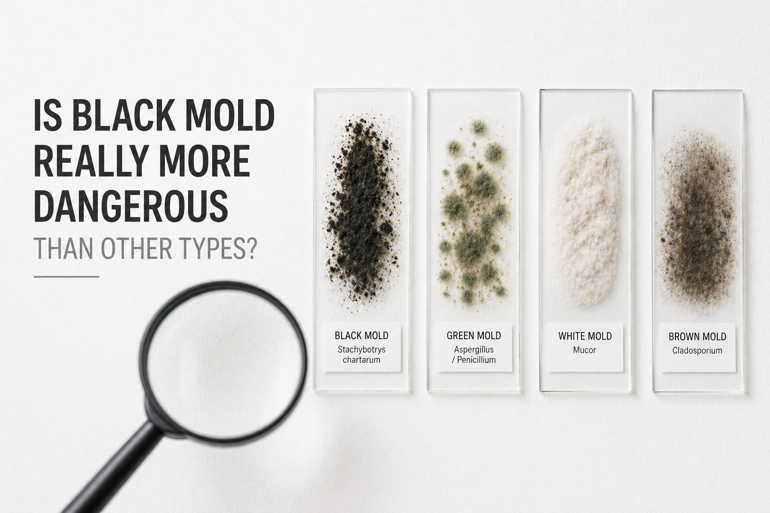 Four labeled microscope slide specimens displaying black mold (Stachybotrys chartarum), green mold (Aspergillus/Penicillium), white mold (Mucor), and brown mold (Cladosporium), alongside a magnifying glass and the question "Is Black Mold Really More Dangerous Than Other Types?"