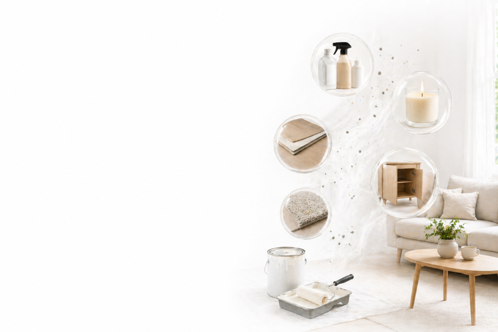 A minimalist living room scene with five floating circular insets showing common household items — cleaning products, flooring materials, carpet, a lit candle, and a wood cabinet — alongside a paint can and roller tray on the floor, connected by a swirling particle trail