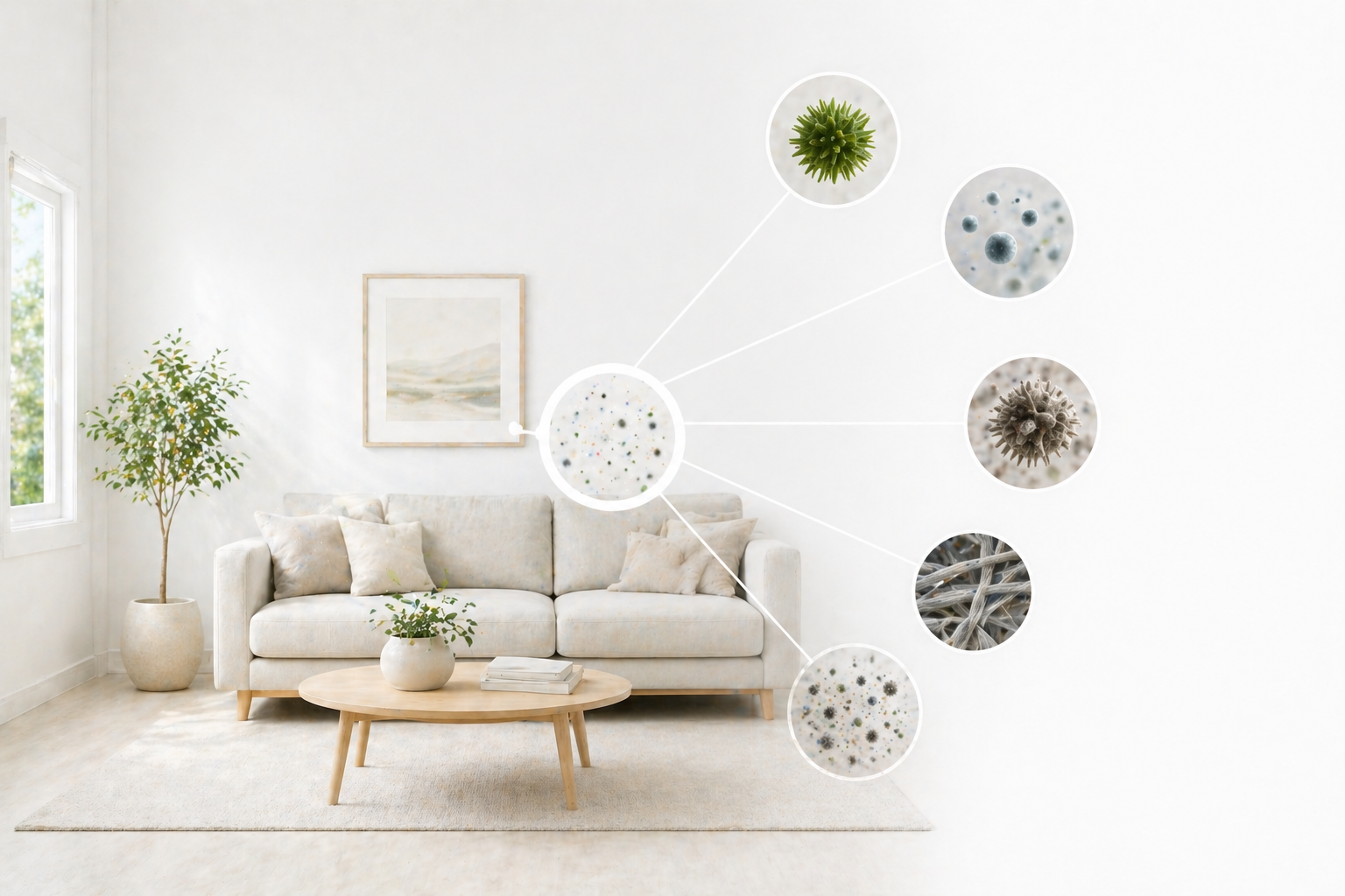 A warm modern living room with a central air sample circle connected by lines to five magnified callout circles showing different airborne contaminants including pollen, bacteria, mold spores, dust fibers, and fine particulate matter