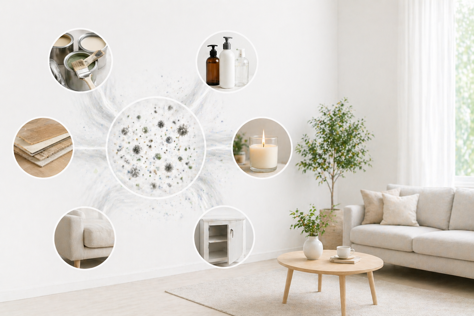A bright modern living room with six circular callout images arranged around a central mold spore close-up, showing paint cans, cleaning products, flooring, a lit candle, upholstered furniture, and an open cabinet as potential sources of indoor contaminants