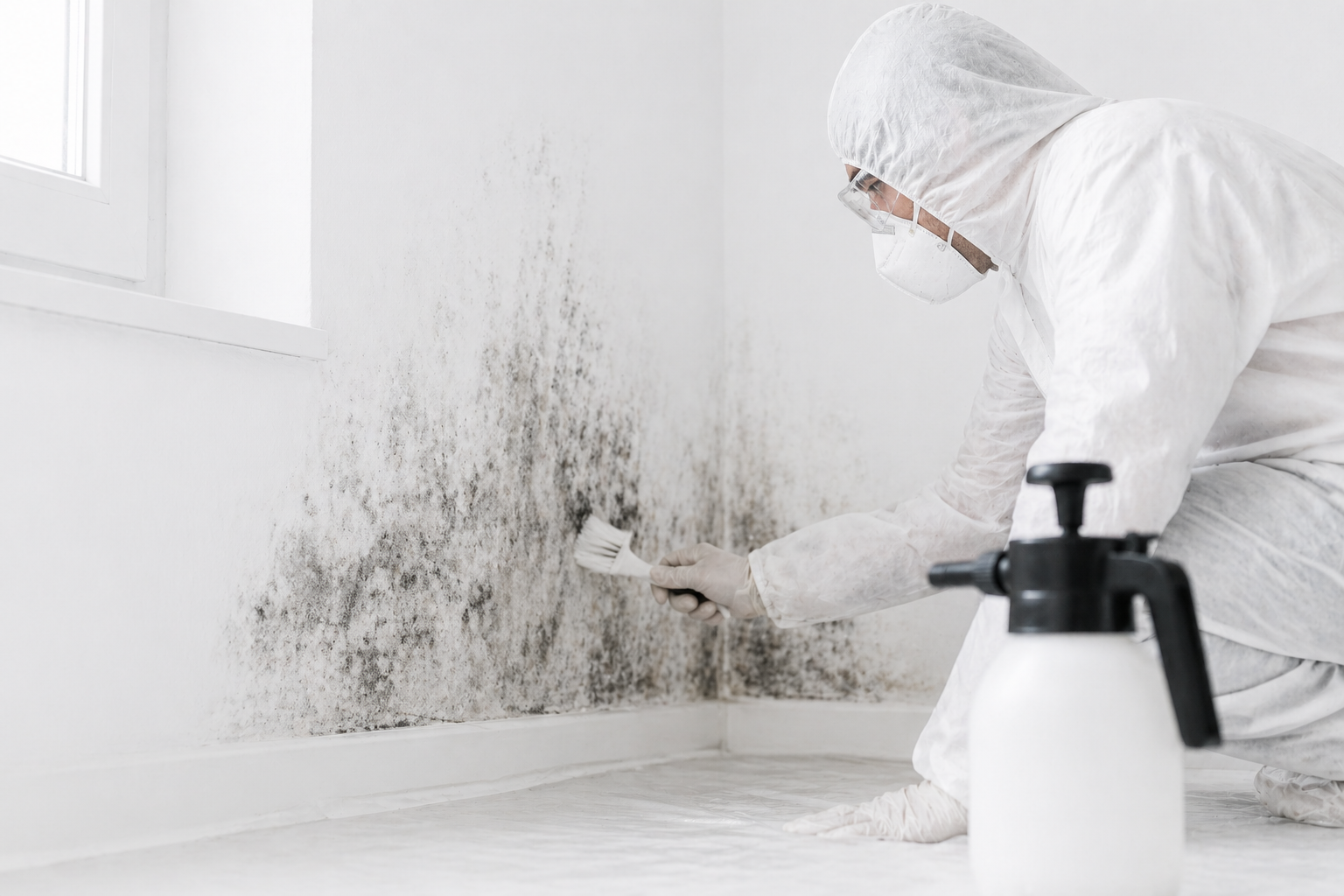A technician in a full white hazmat suit and respirator scrubbing heavy black mold off a wall corner near a window, with a spray bottle on the floor beside them