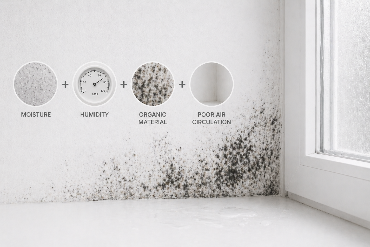 Infographic on a mold-covered wall showing four contributing factors: moisture, humidity, organic material, and poor air circulation, each represented by a circular icon