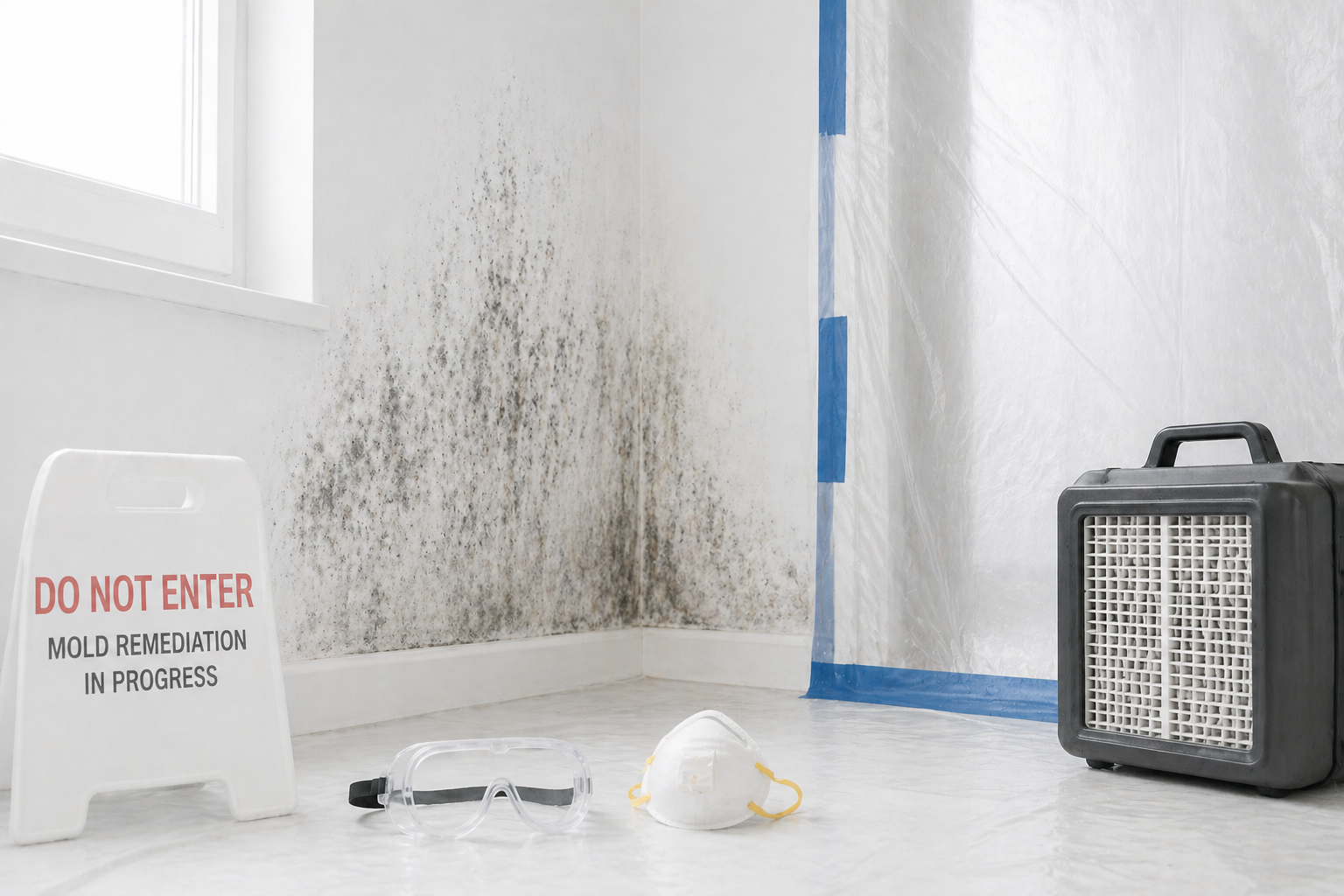 A mold-affected room corner sealed with plastic sheeting and blue tape, with a "Do Not Enter – Mold Remediation in Progress" warning sign, safety goggles, an N95 mask, and an air scrubber on the floor