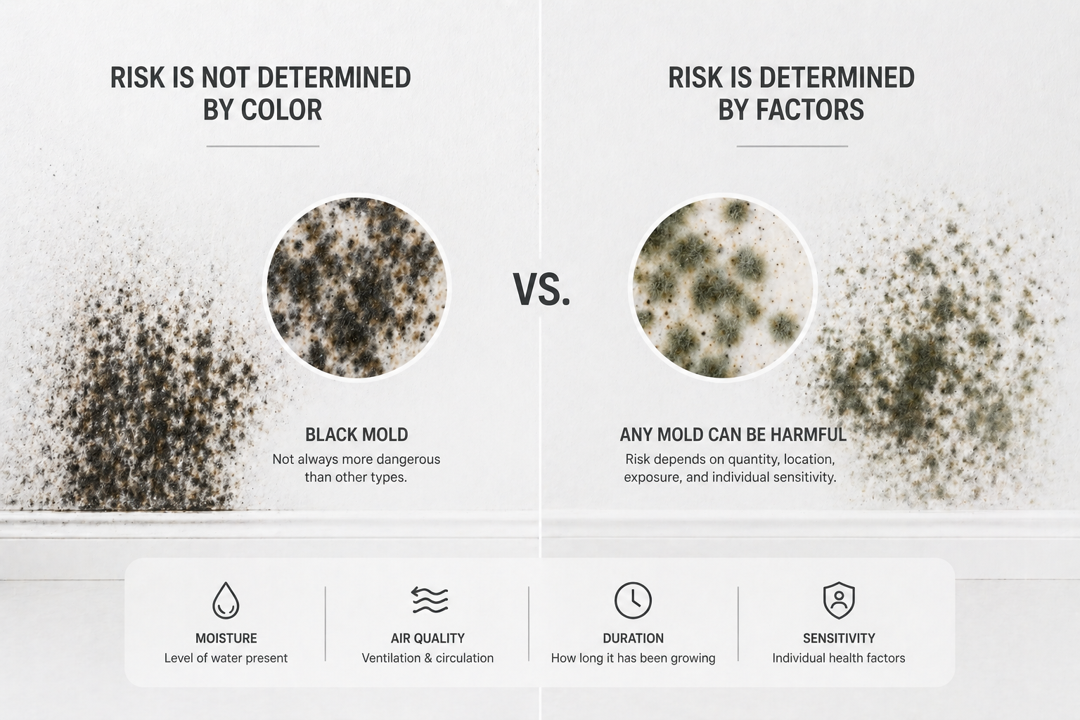 A split infographic comparing black mold versus any mold type, with the headline stating risk is not determined by color but by factors including moisture, air quality, duration, and individual sensitivity