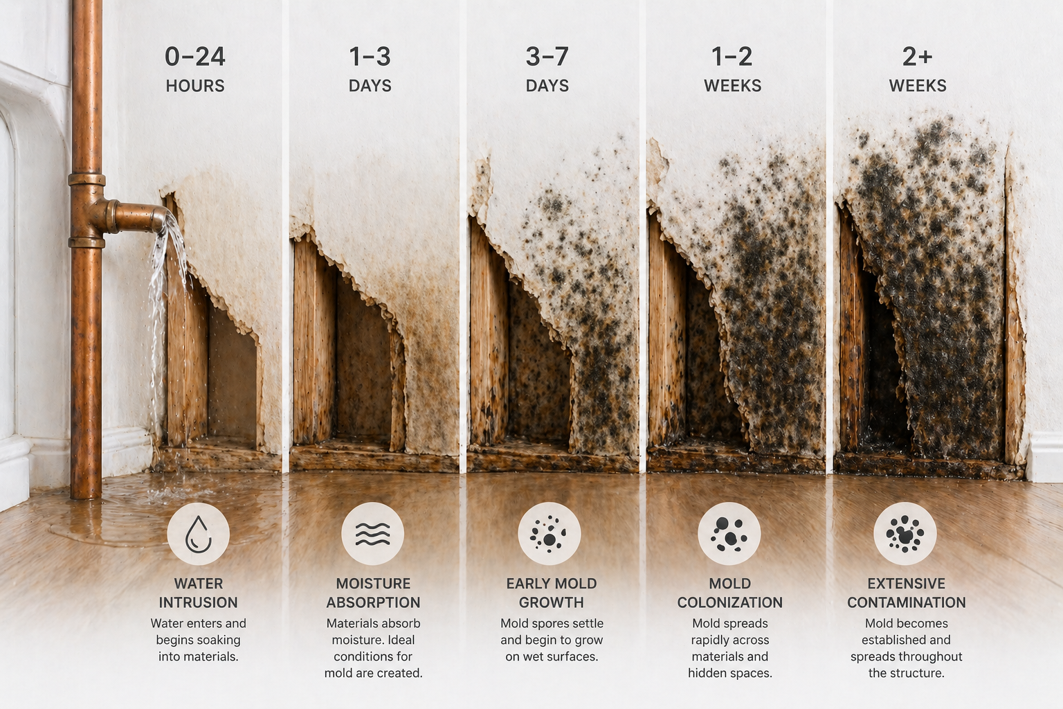 A five-panel infographic showing the progression of mold growth after water intrusion, from 0 to 24 hours through 2-plus weeks, with labeled stages and descriptions beneath each panel