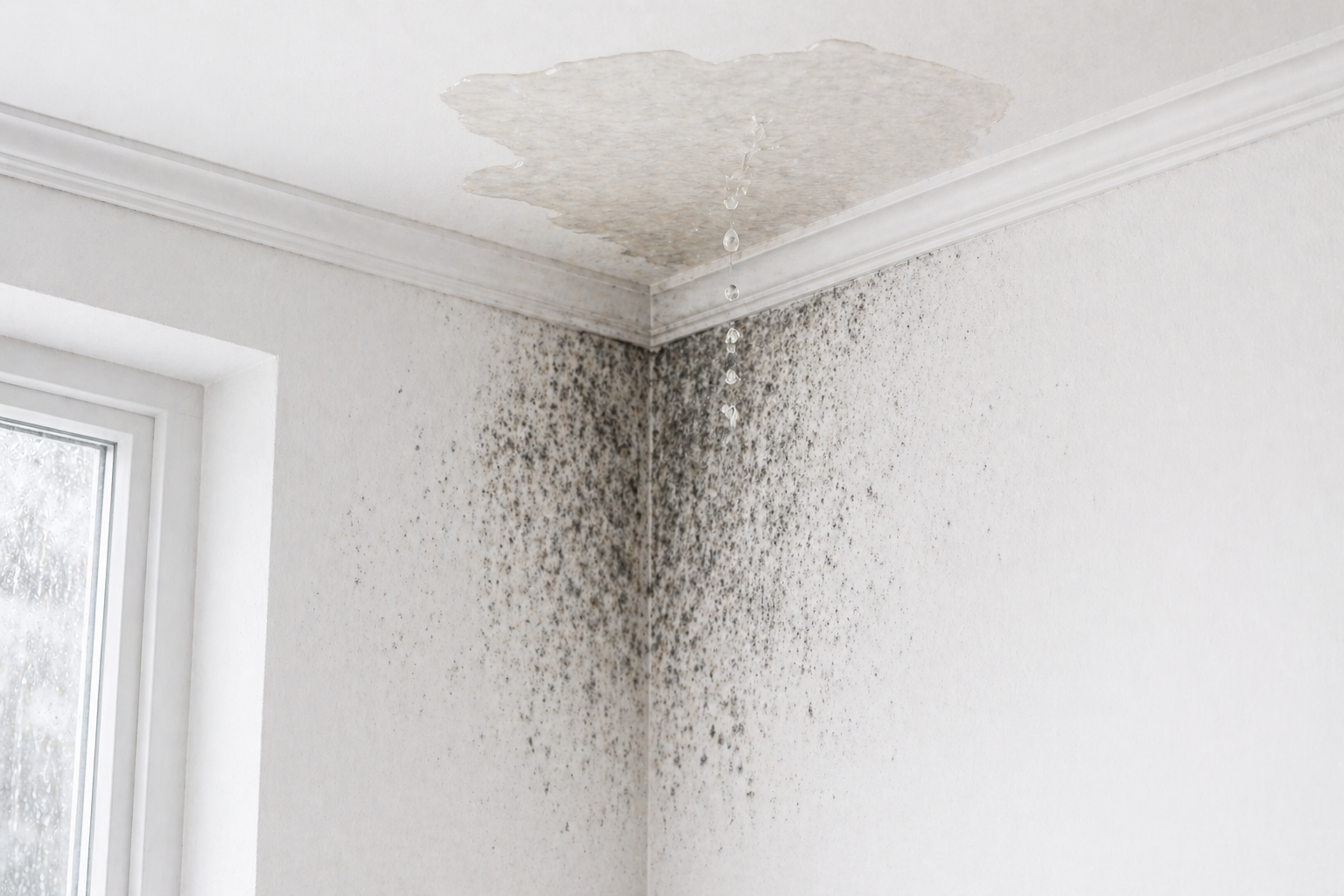 Water actively dripping from a stained, peeling ceiling into a room corner covered in extensive black mold growth, with a window visible to the left