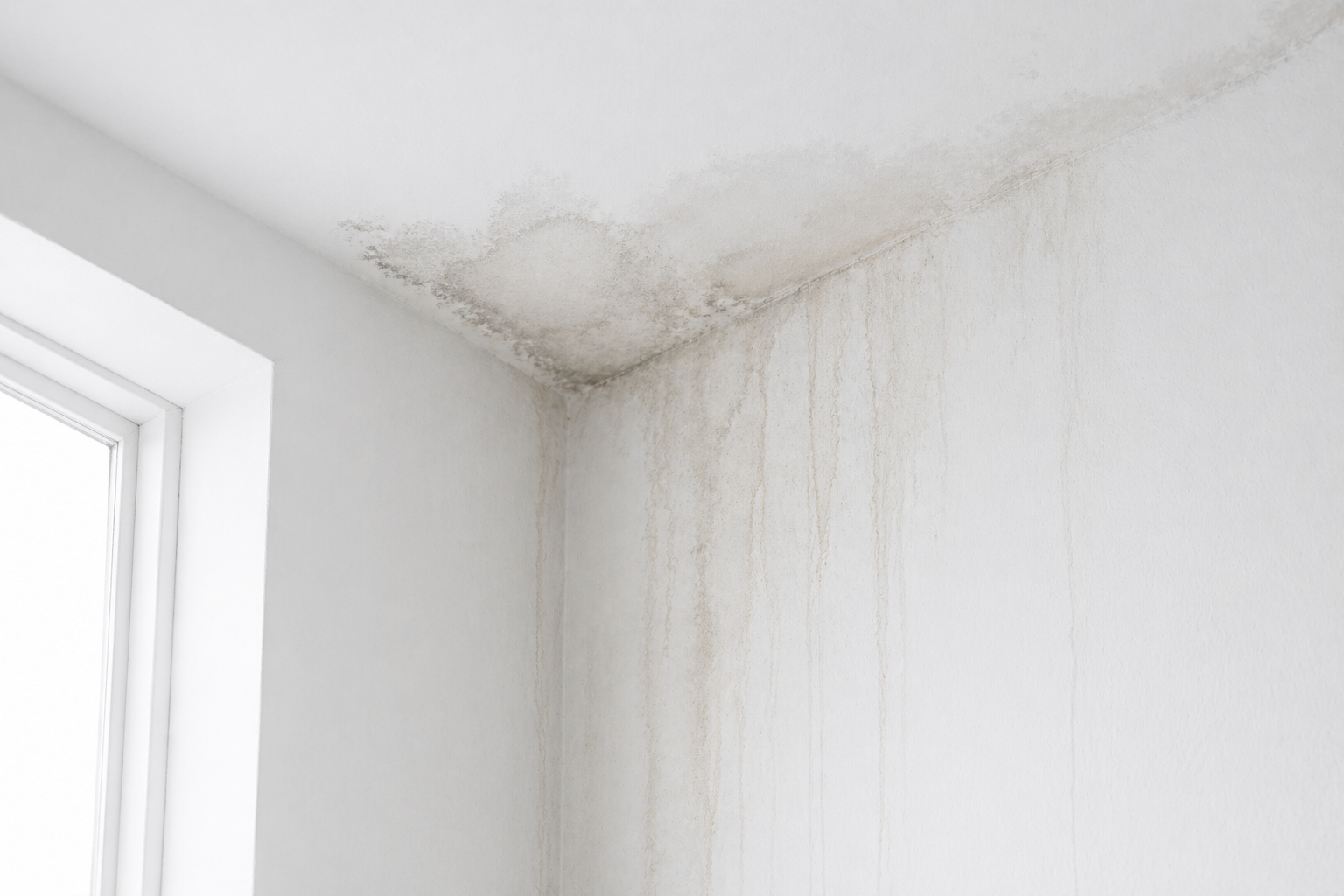 Dark water stains and mold streaks spreading across a white ceiling and wall corner near a window