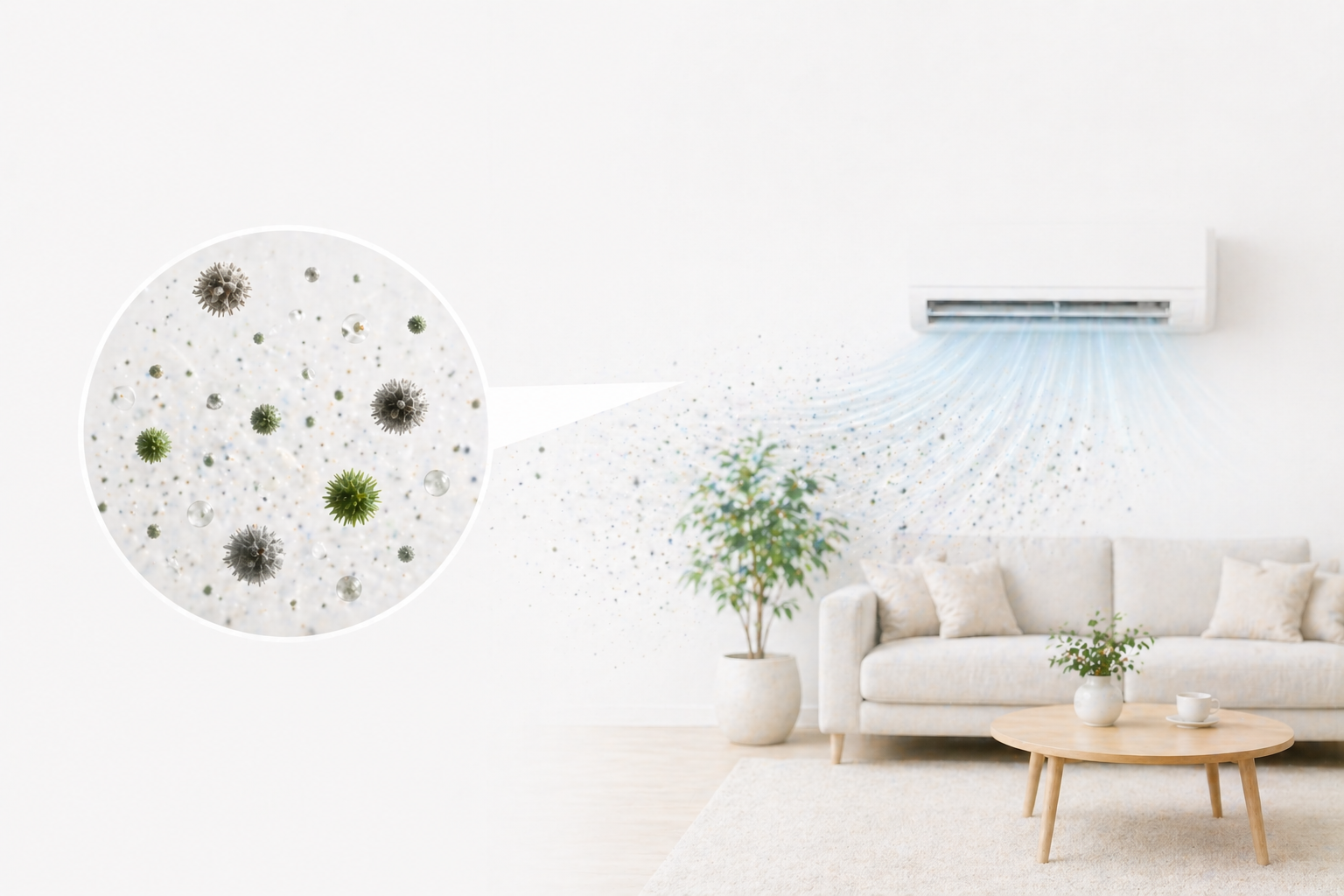 A wall-mounted AC unit blowing illustrated blue airflow lines carrying airborne particles across a bright living room, with a magnified circular inset on the left revealing mold spores, pollen, bacteria, and water droplets suspended in the air stream