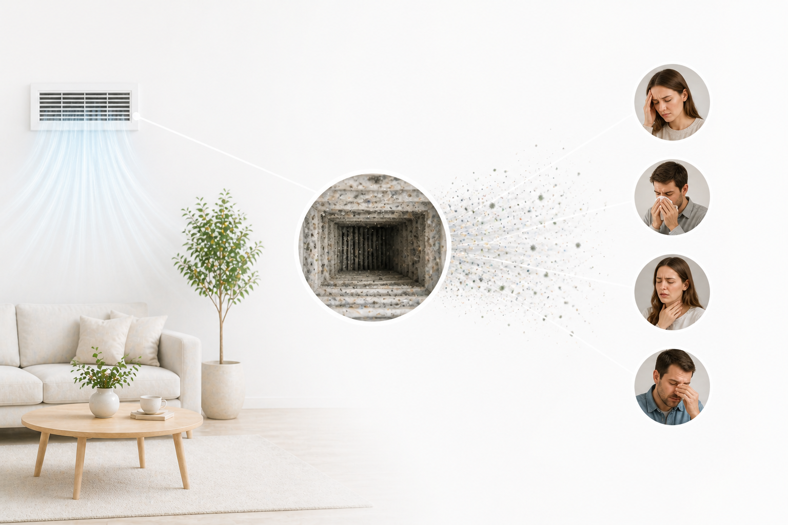 A living room scene with a wall vent connected by a line to a magnified circular inset of a heavily contaminated air duct interior, with particles dispersing toward four circular portraits of people experiencing headaches, sneezing, sore throat, and sinus pressure
